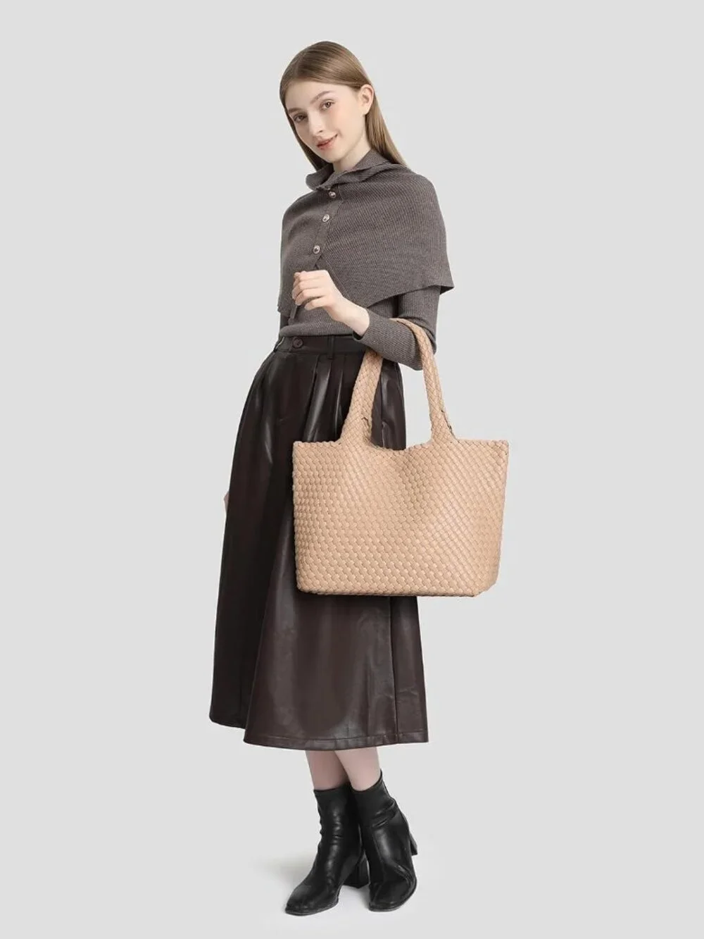 Woven Tote Bag for women,Vegan Leather Woven Satchel Handbag,Shoulder bag with P - Picture 2 of 8